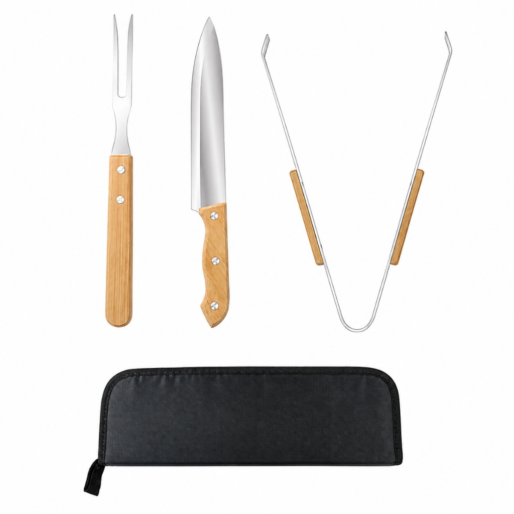 Kit Churrasco 4 Peças Aço Inox Garfo Faca Pegador Estojo