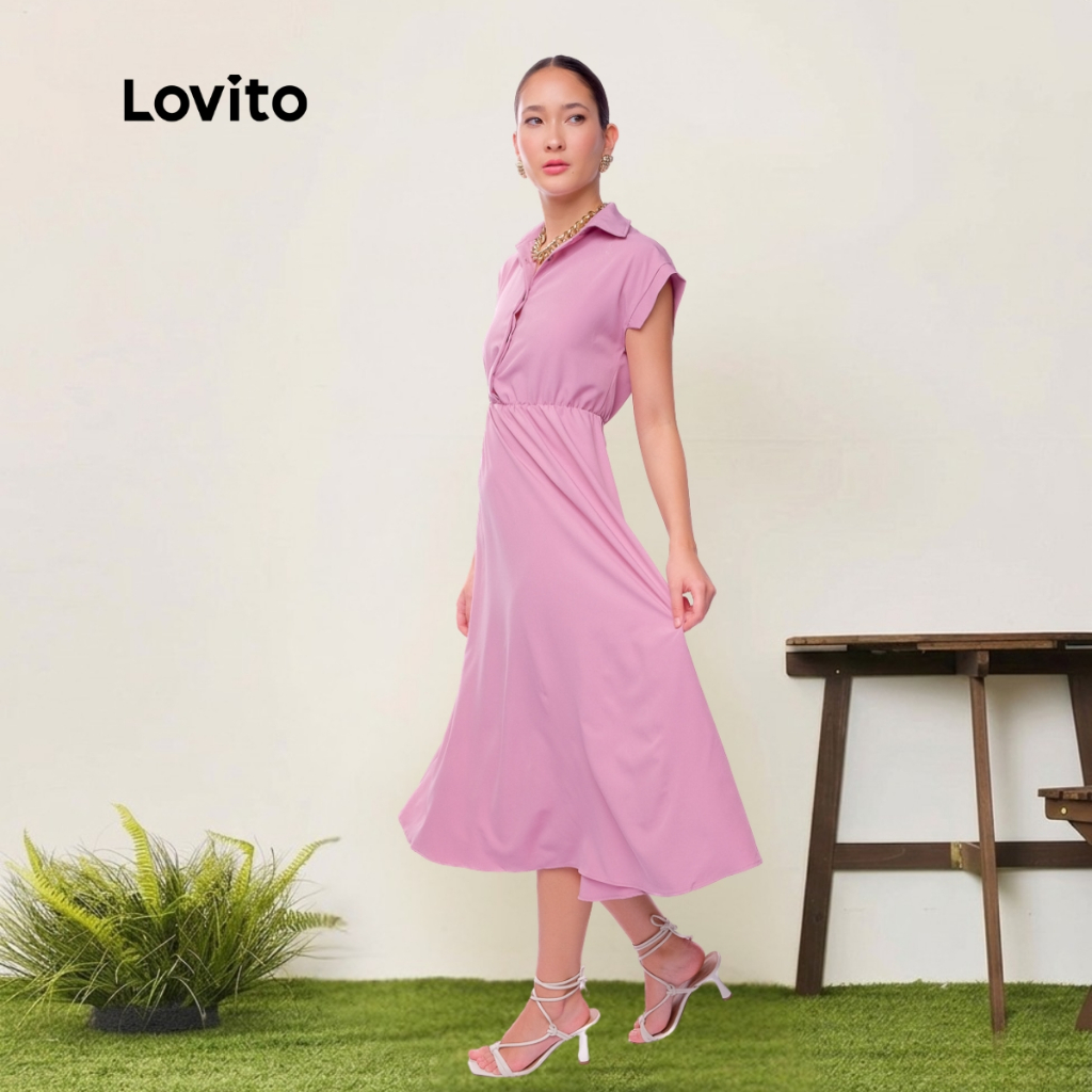 Lovito Vestido Midi Rosa Moda Elegante Feminino Liso em A BRDRB612BRL642