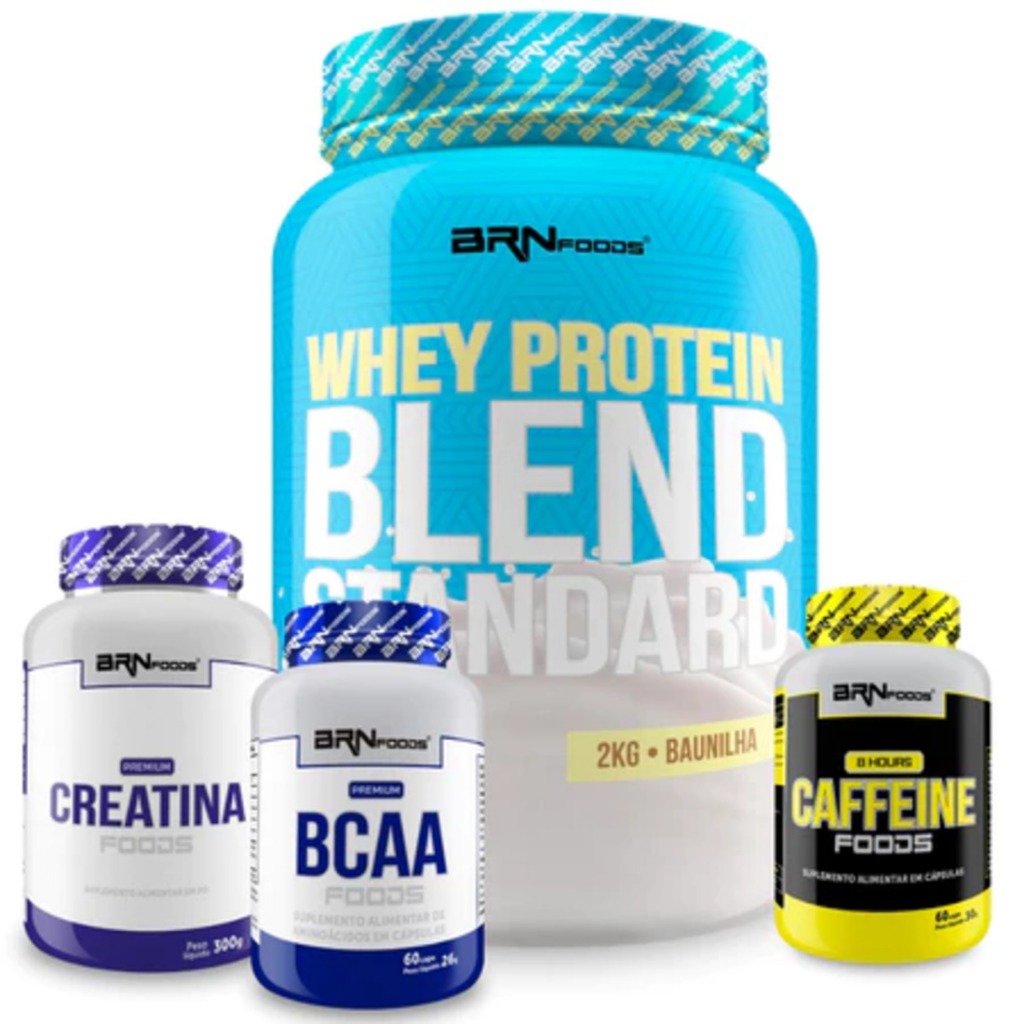 Kit Whey Blend 2kg + Creatina 300g Tangerina + Bcaa 60 Cáps + Cafeina 8 Hours 60 cáps - BRN Foods