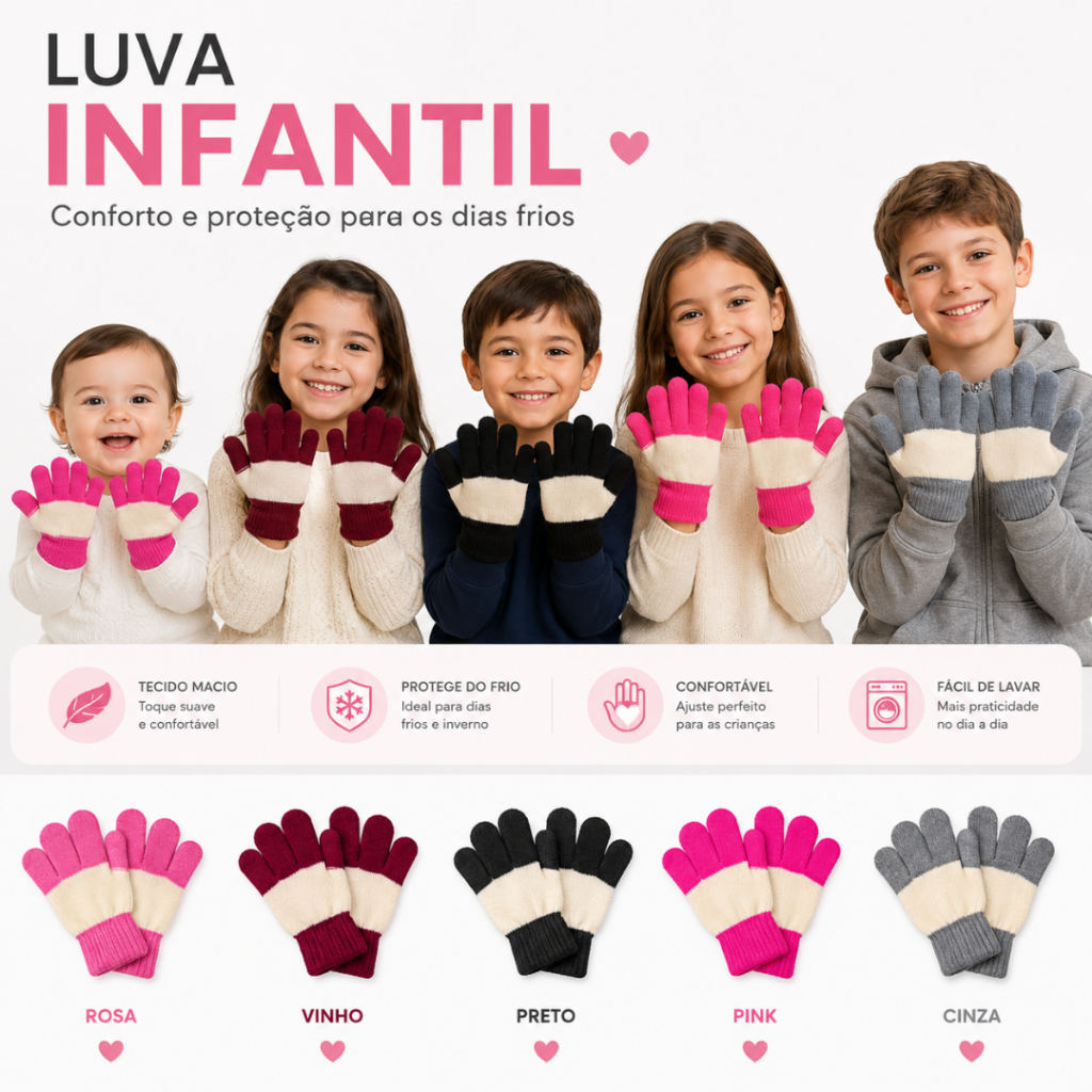 Luvas Infantil Listrada  de Lã Inverno Colorida Menino e Menina