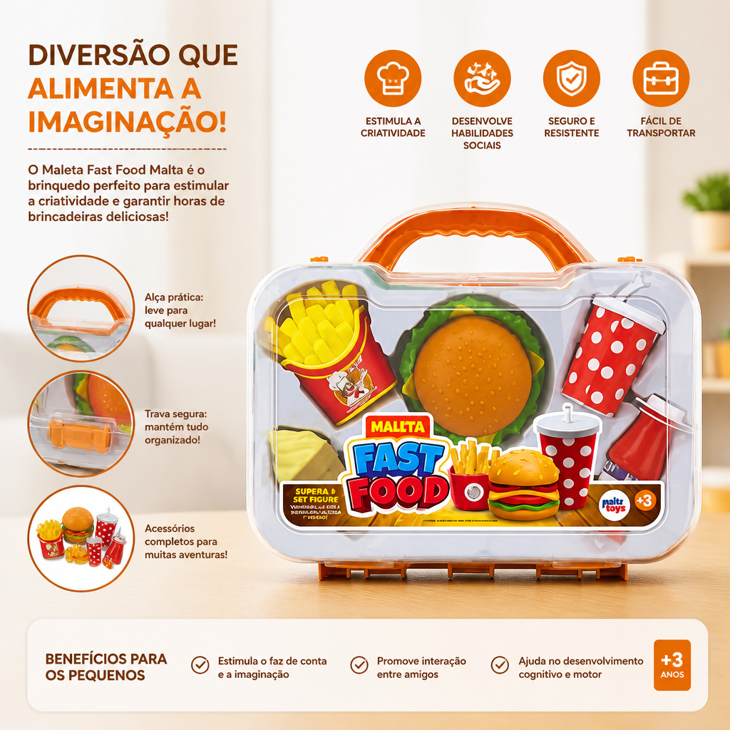 Maleta Fast Food Infantil – Kit de Brinquedo com Comidinhas e Acessórios para Crianças