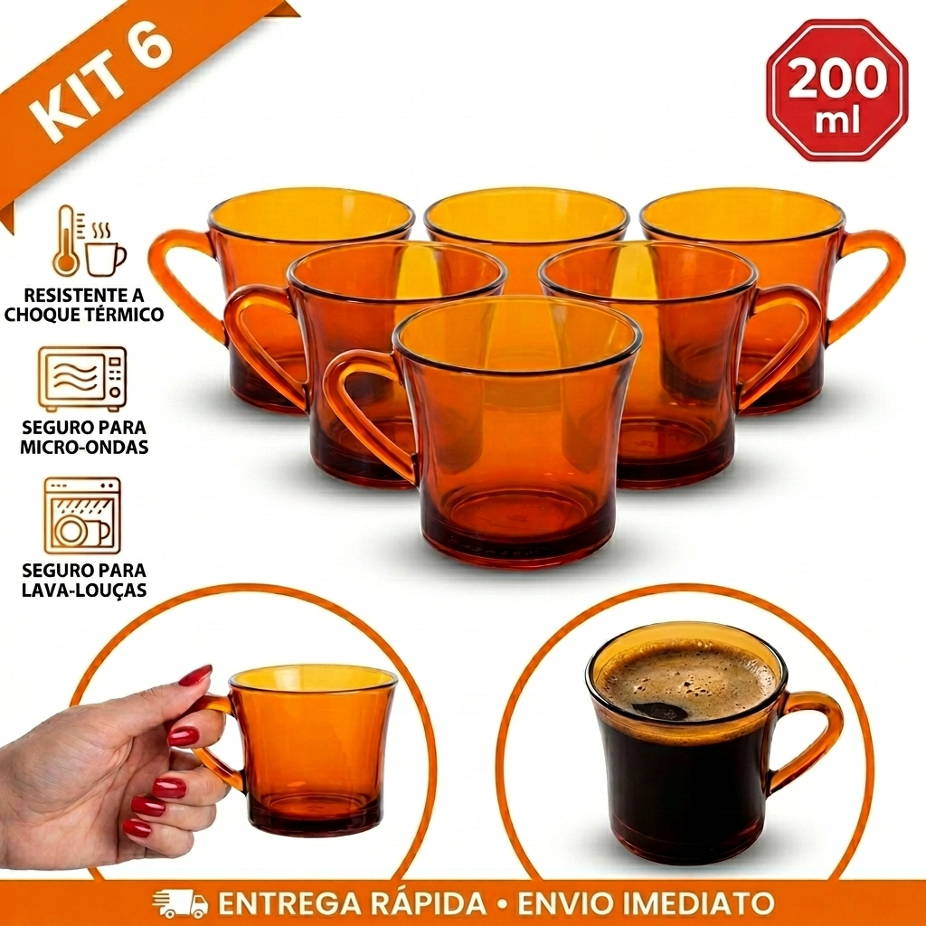Kit Jogo de 6 Xicaras 200ml SINO AMBAR Escura Marrom Vidro Chá Café Conjunto Louça Classica