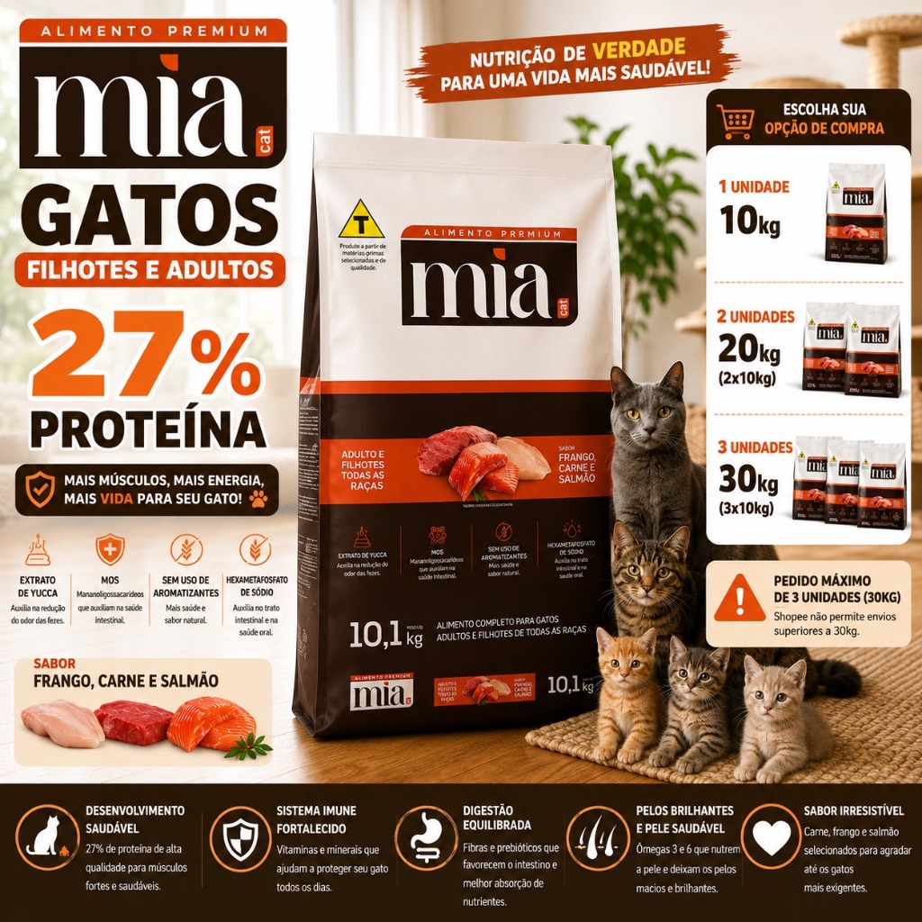 Kit Ração Mia Cat 30kg 20kg 10kg Premium 27% Proteína Sabor Salmão Carne Frango