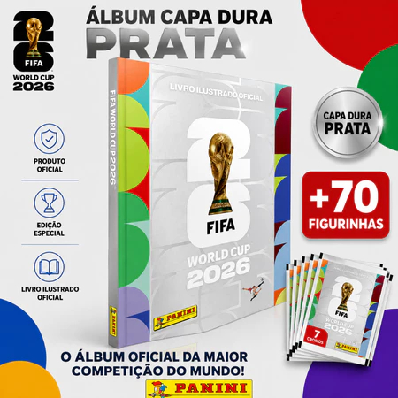 Álbum Copa do Mundo 2026 Capa Dura Ouro e Prata + 105 Figurinhas (15 Envelopes) Oficial Panini - Envio Rapido