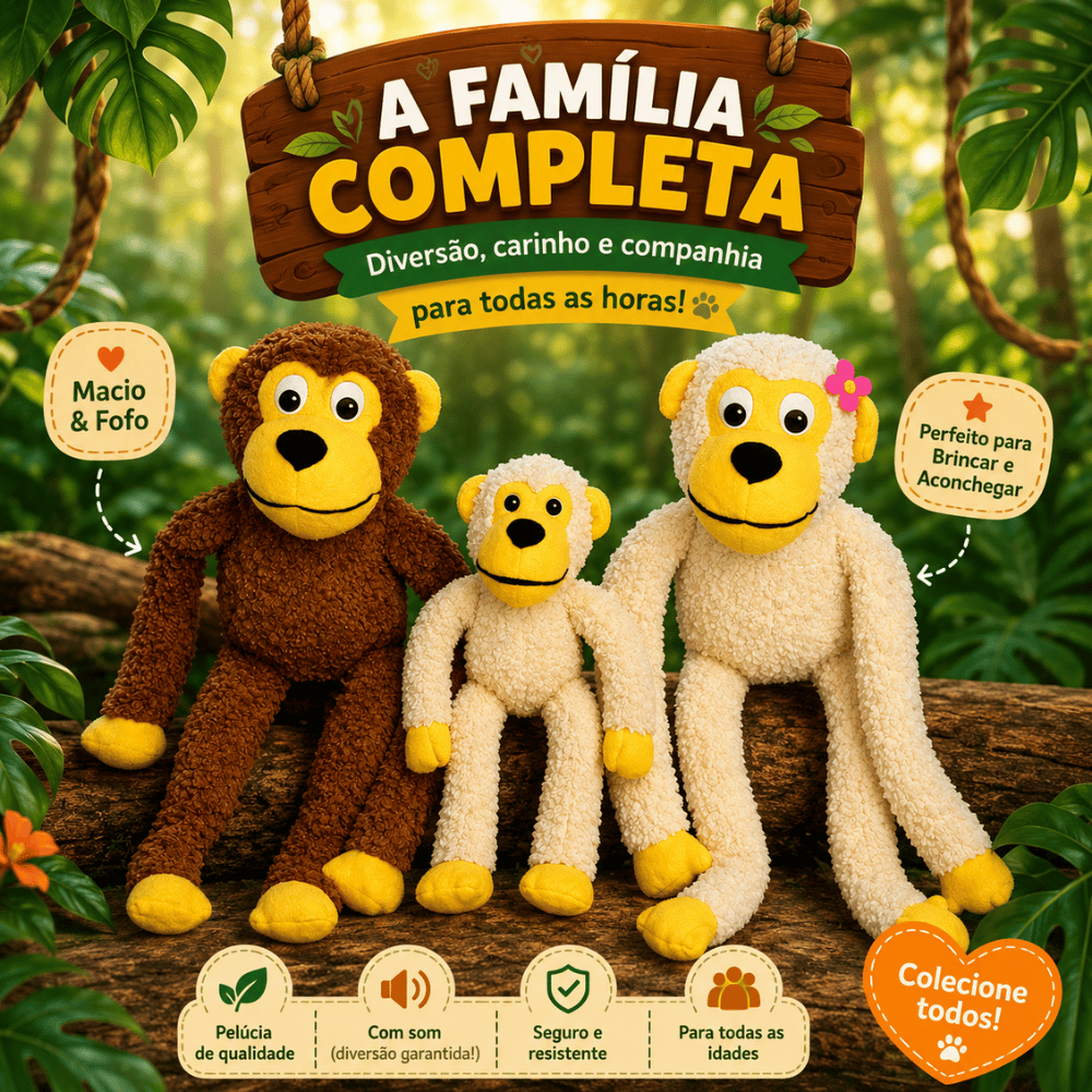 Pelúcia para Cães Família Macaco Brinquedo Mordedor com Apito Sonoro Macaquinho - Savana Pet