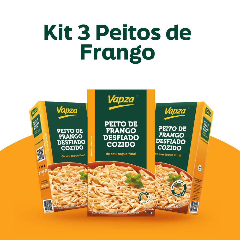 Kit 3 Peitos de Frango Desfiado Cozido 400G Vapza