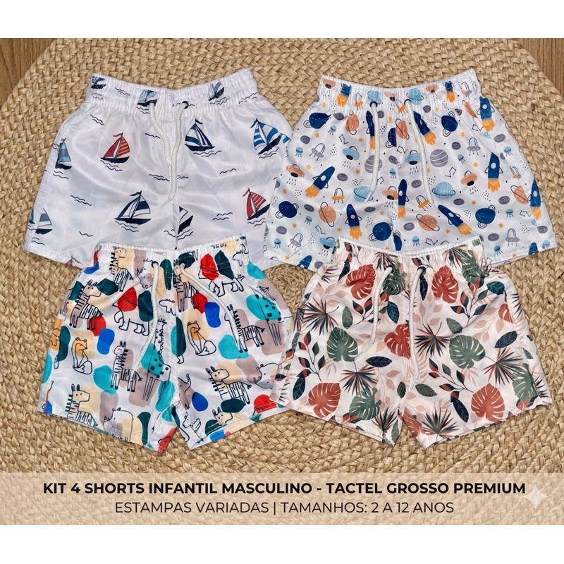 Kit 04 Shorts Tactel Sortidos Estampas Variadas Shorts Tactel Infantil Juvenil 1 a 12 Anos Estampadas  Praia Piscina.