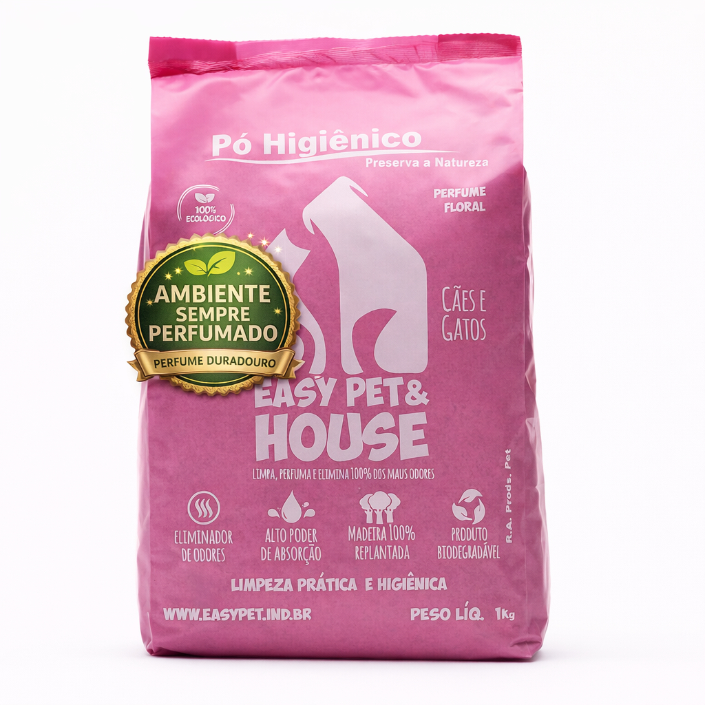 Pó Higiênico Pet Elimina Odores Seca Xixi Alta Absorção Floral Cães e Gatos Easy Pet e House 1kg