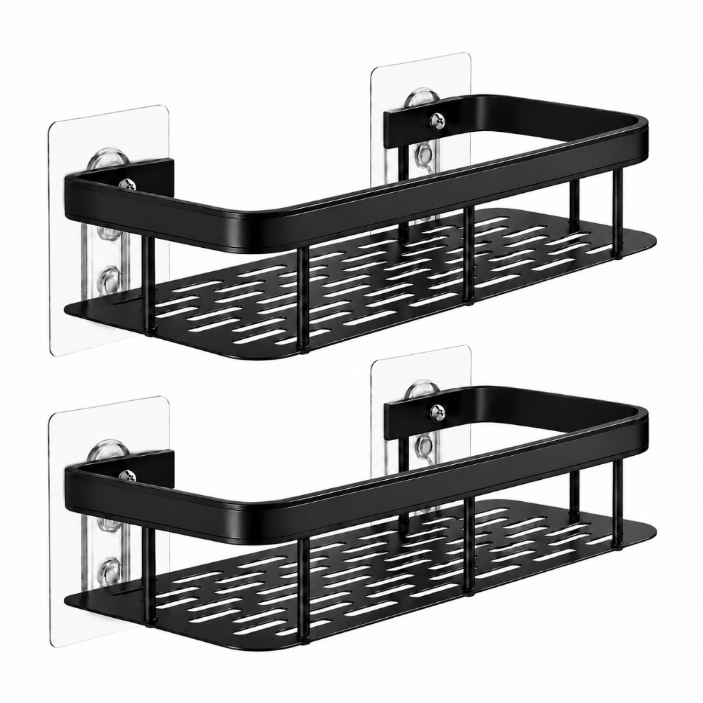Kit 2 Suportes Organizador Para Box Banheiro Aço Preto Adesivo Premium
