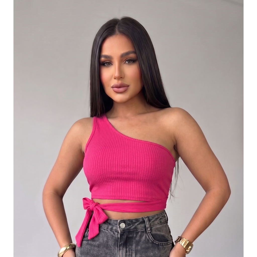 Cropped Feminino Canelado Uma Alça Com Amarração Lançamento Tendência Blogueira Veste P ao M