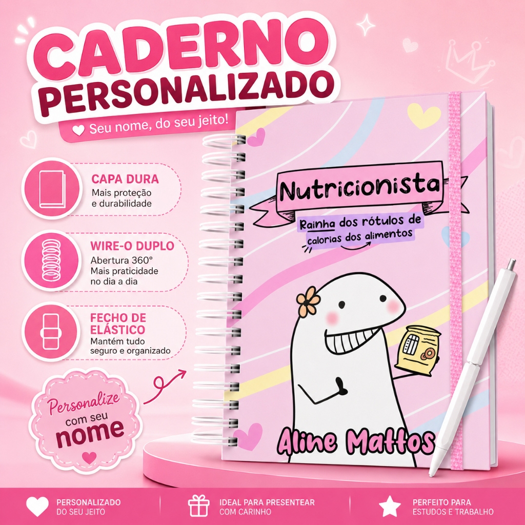 Caderno Personalizado Flork Nutrição Nutricionista com Nome Capa Dura Wire-O 22x16cm Premium 120 Folhas