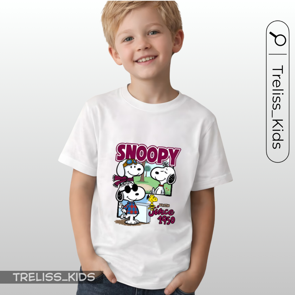 Camiseta Infantil Snoopy Since 1950 Blusa 100% Algodão Aviador Cachorro Camisa Personagem 2 ao 16 Roupa De Criança