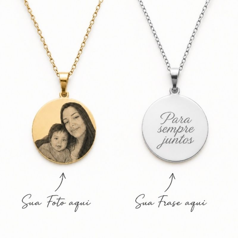 Colar Pingente Redondo Personalizado Com Foto Gravação Laser Inox Frente e Verso