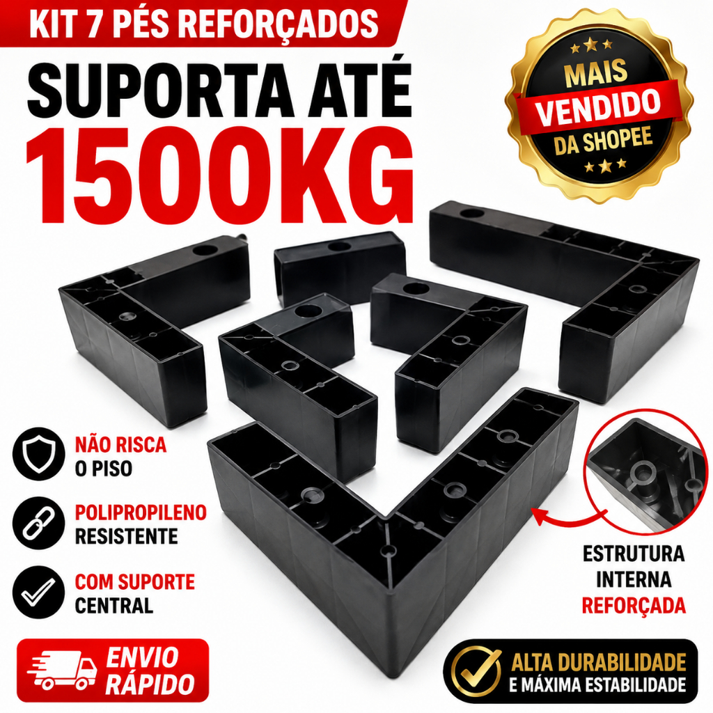 Kit 7 Pés Reforçado Para Cama Box Bau 4/3 Com Suporte Central Evita Afundar 1500kg Não Risca Piso
