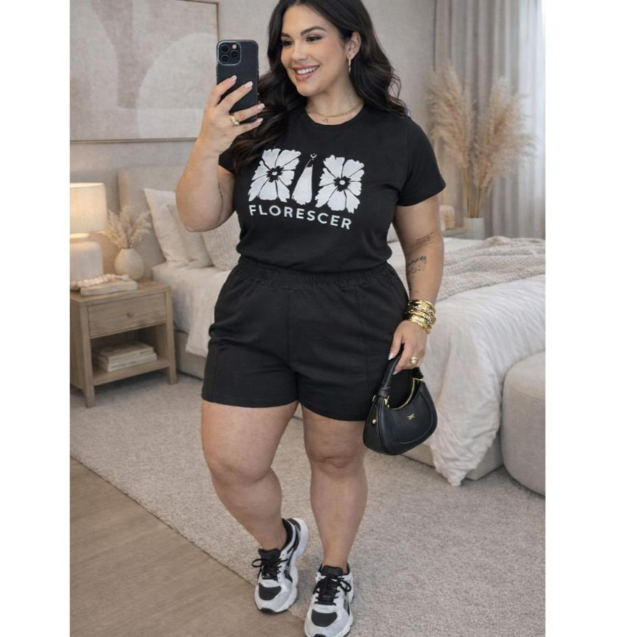 Conjunto Feminino Blusa e Short Plus Size 100% Algodão