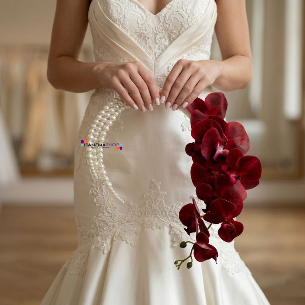 Buquê de Noiva Hoop Bouquet com Orquídeas Marsala e Pérolas - Buquê Permanente Moderno Buquê Tipo Bolsa