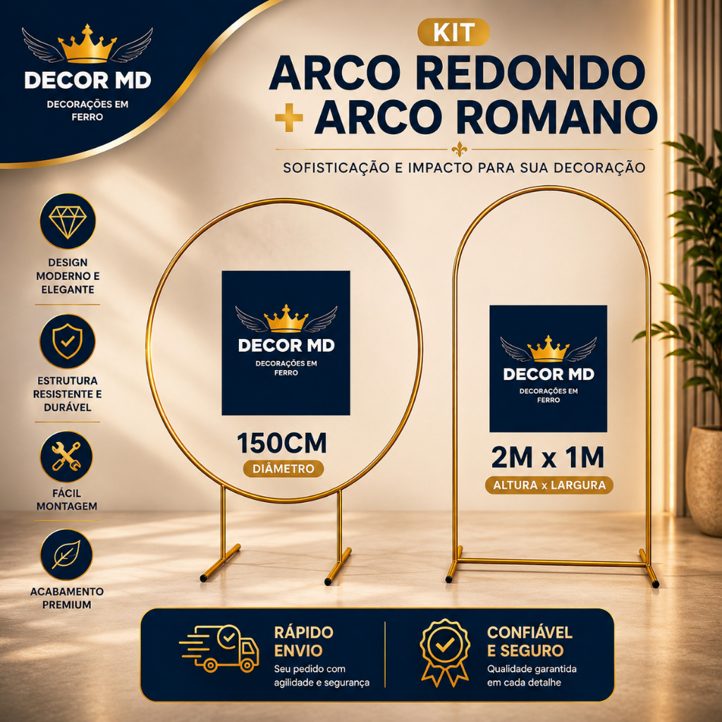 Kit Romano 2M X 1M + 1,50M Redondo Dourado Desmontável Decoração Festa Banners Bexiga Tecidos