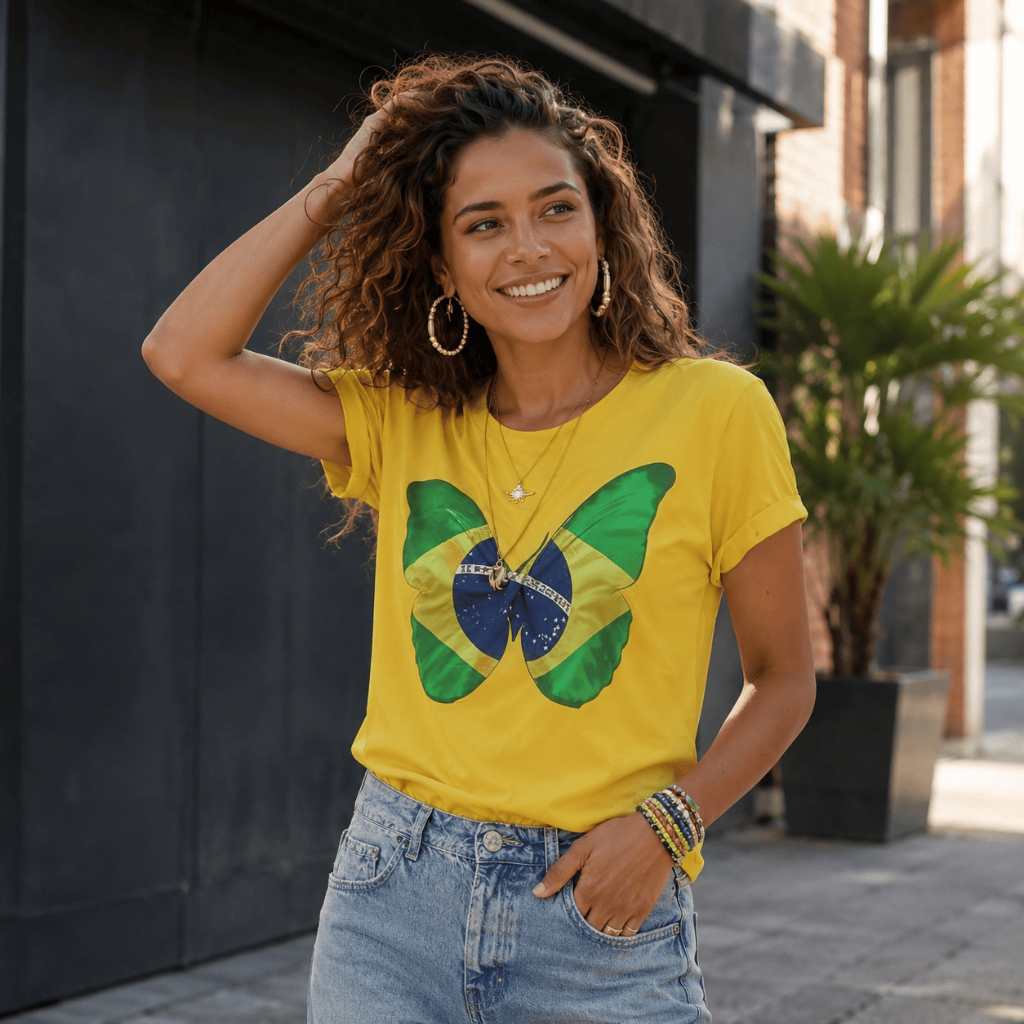 Camiseta Feminina Brasil Copa do Mundo Borboleta Pátria Brasil
