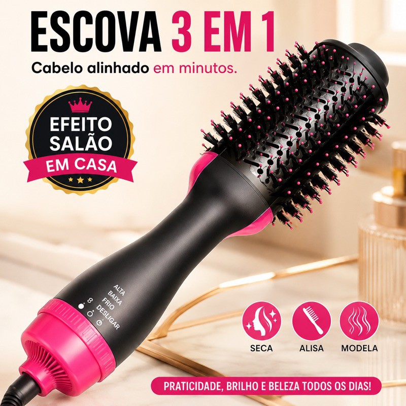 Escova Secadora Alisadora 3 em 1 110V Profissional Anti Frizz Seca Alisa Modela Cabelo Liso Rápido Lumière Pro