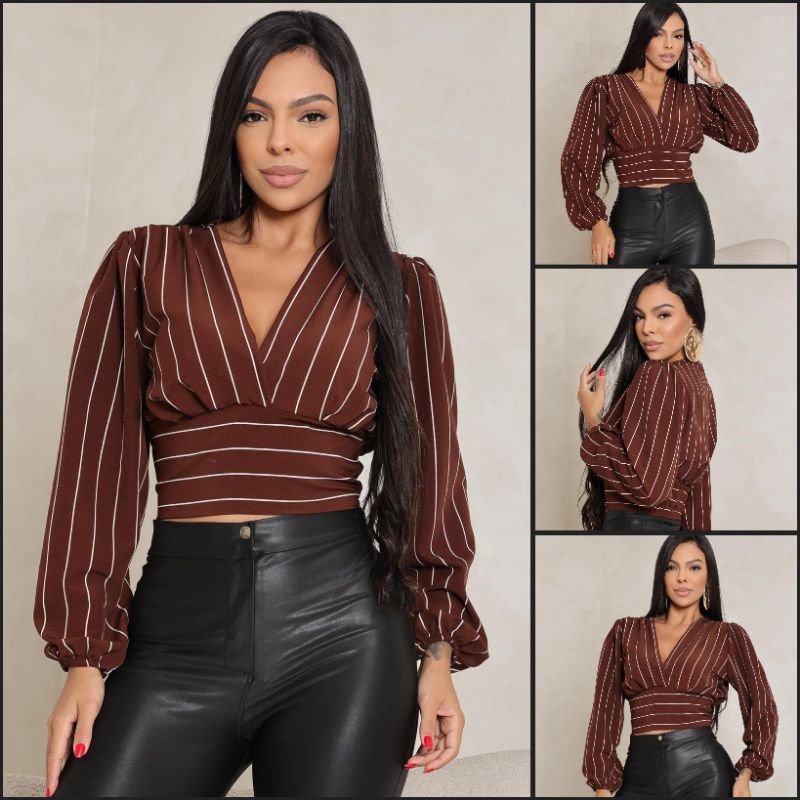 Blusa Feminina Listrada transpasada Manga Longa com Decote V