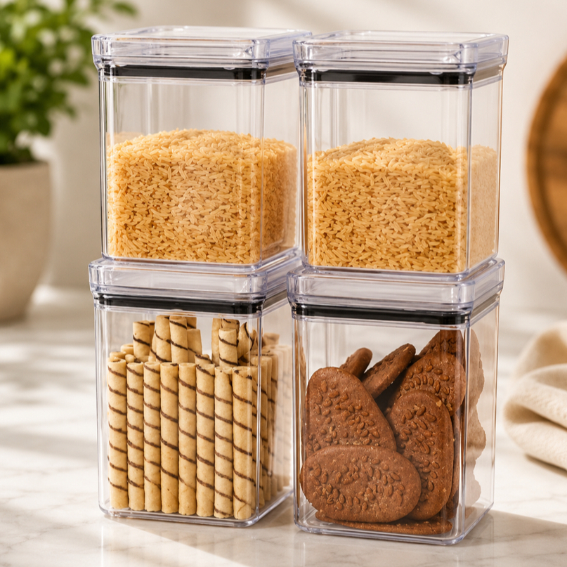 Kit 4 Potes Herméticos Quadrados Mantimentos Organizador Cozinha Acrílico 1,1 Litro
