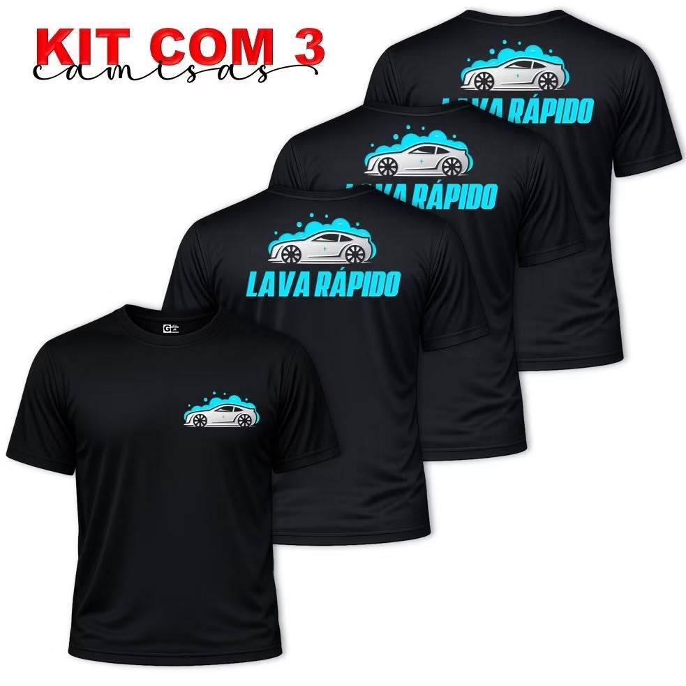Kit com 3 Camiseta LAVA RÁPIDO Estética Automotiva Lavagem Automotiva Dry Fit