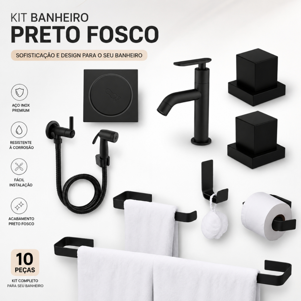 Kit Acessórios De Banheiro Preto +Torneira Bica alta+ Ducha Higienica+ 02 Acabamento Metal Deca+ Ralo Click 10x10