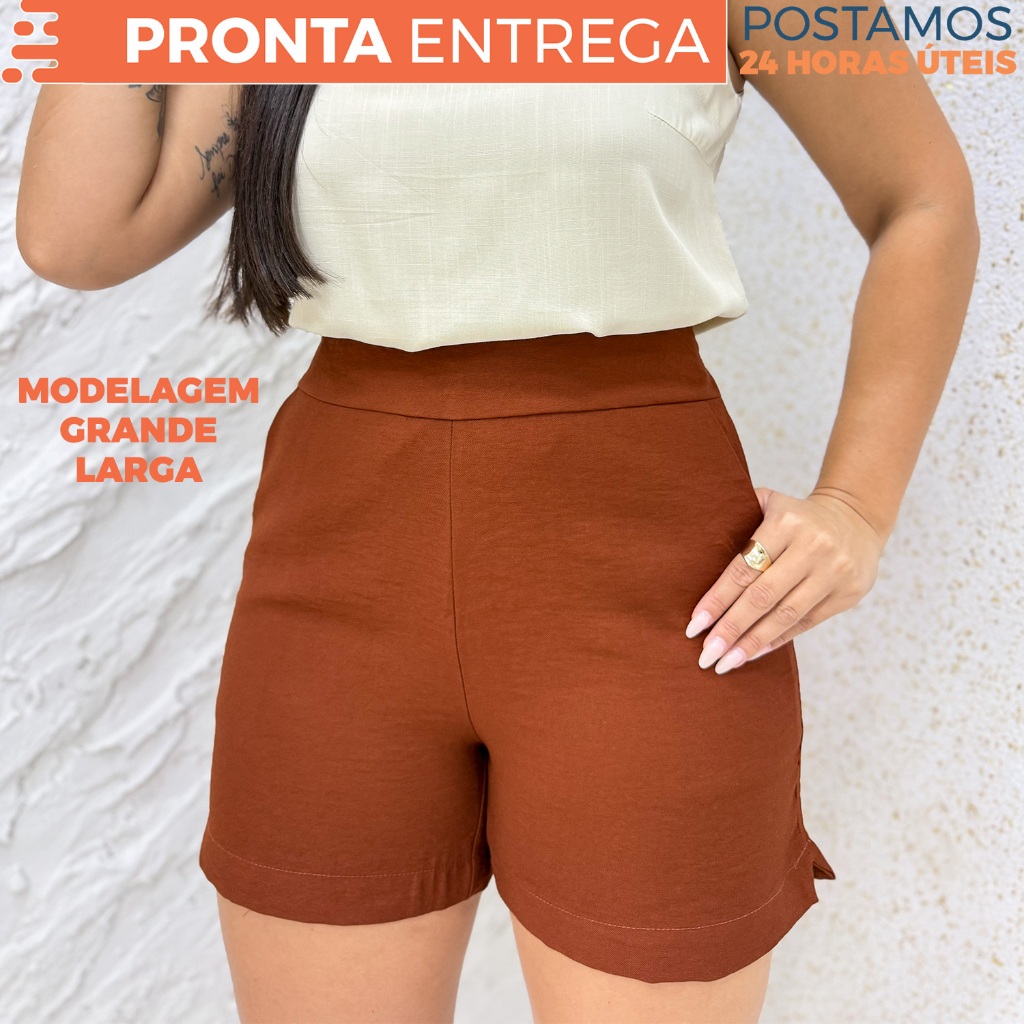 Short Alfaiataria Feminino Social Elegante Cós Alto com Elástico e Bolso Faca
