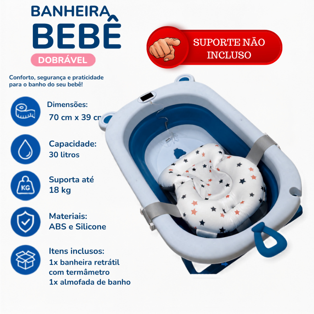 Banheira De Bebe Dobrável Portátil Com Termômetro Digital 40 Litros Infantil