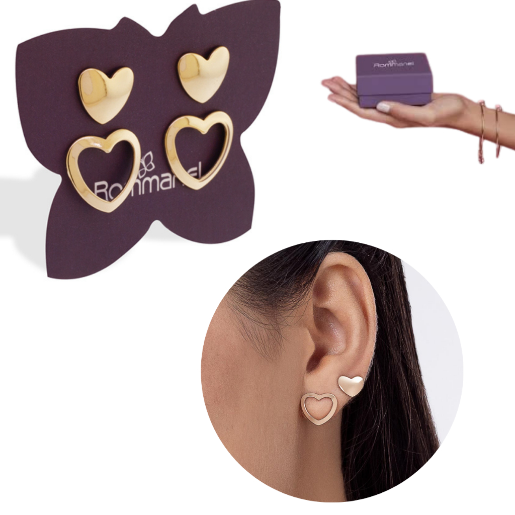 Kit Brincos Rommanel Original Lançamento Com 2 Pares Corações 527629