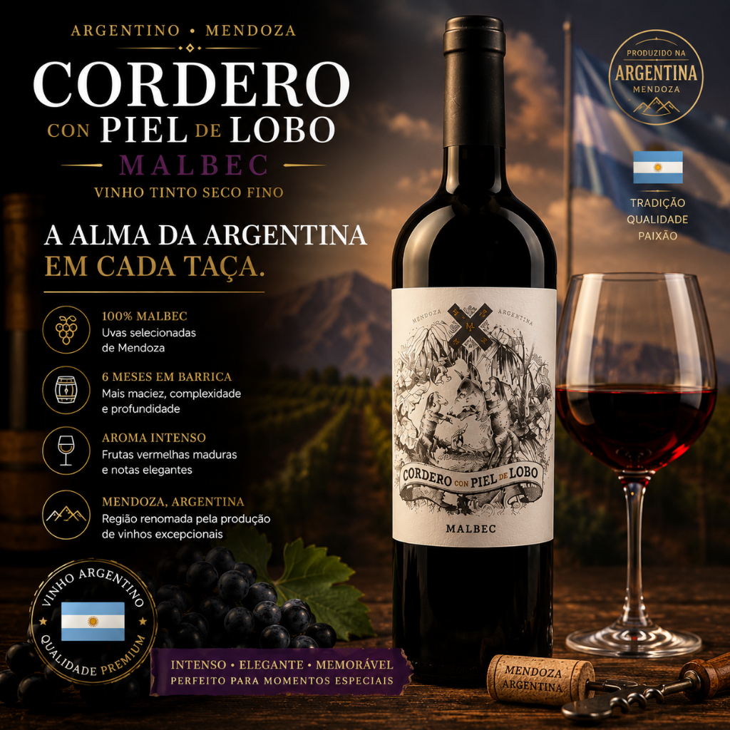 Vinho Argentino Tinto Seco Cordero em Piel De Lobo 750ML