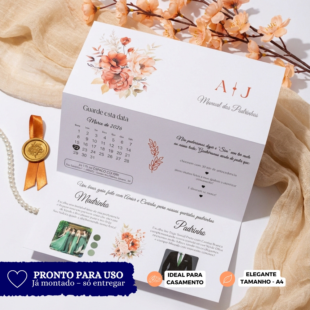 Manual de Padrinhos de Casamento com Lacre de Cera e Fita de Cetim | Convite Elegante