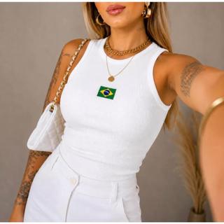 Regata Blusa Feminina Brasil Ribana Algodão Bandeira Bordada