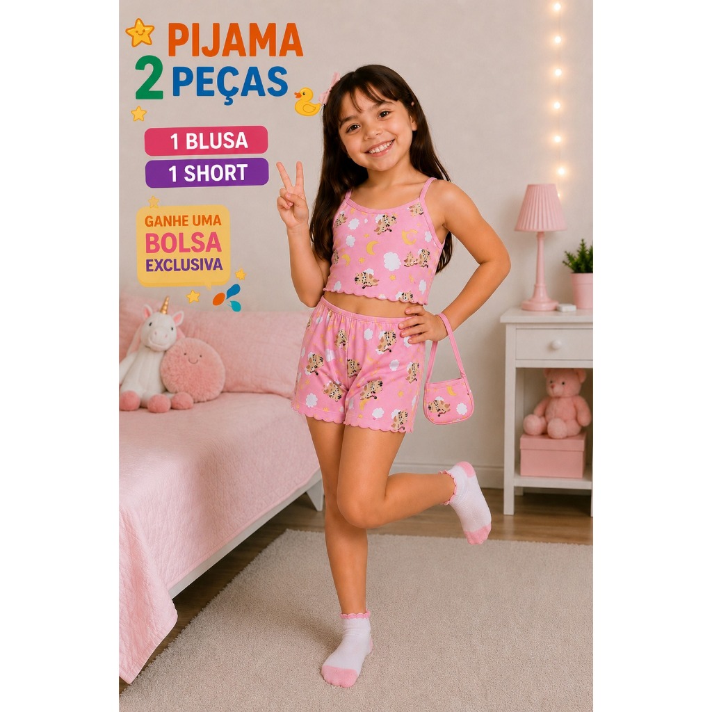 Pijama Infantil Feminino 2 Peças com Bolsa Exclusiva | Conjunto Short Doll Menina Super Fofo e Confortável