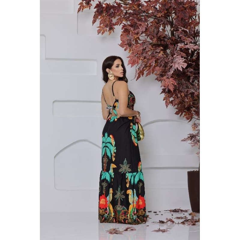 vestido longo, vestido estampado, vestido tropical, vestido com bojo, vestido feminino, vestido elegante, vestido verão,