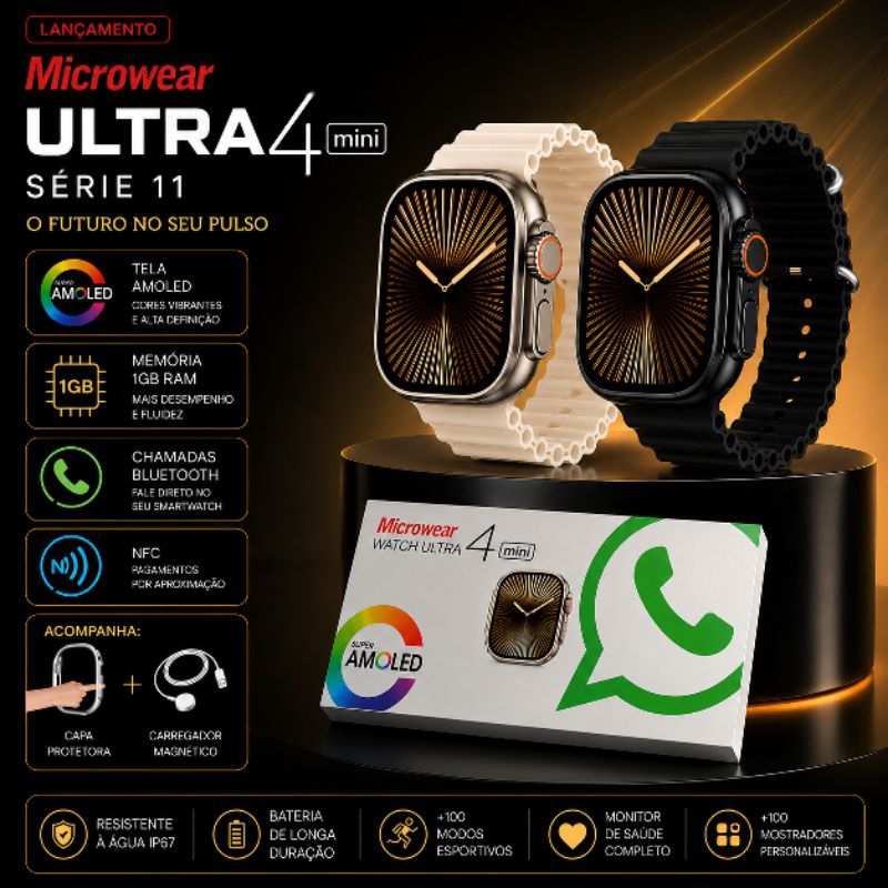 Smartwatch Ultra 4 Mini AMOLED Premium 1GB Bluetooth NFC Relógio Inteligente Série 10