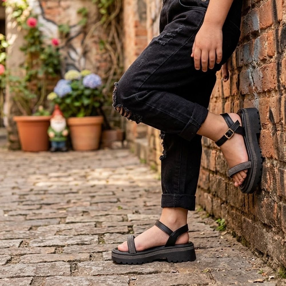 Sandália Infantil Feminina Tratorada Flatform Plataforma Strass Brilho Menina Fashion