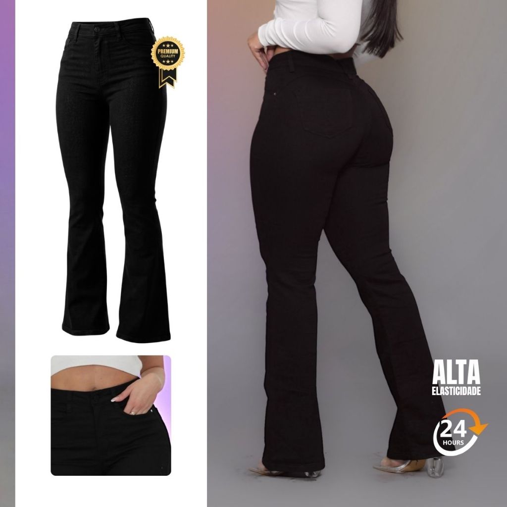 Calça Flare Jeans Feminina Cintura Alta 4 Bolsos Boca Larga com Elastano Premium