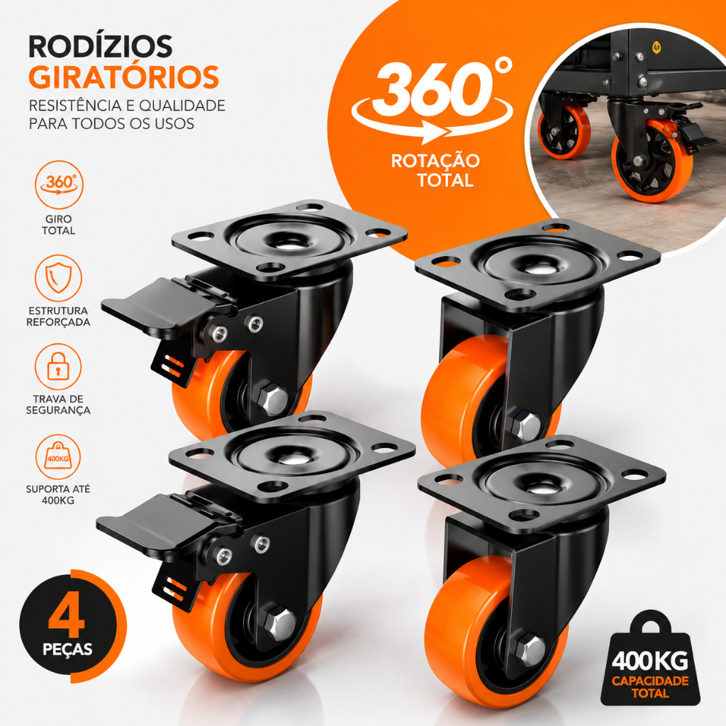 Kit 4 Rodas P/ Moveis Rodinhas Giratórias 360° Reforçadas 400kg Borracha Anti Risco Com Trava Freio
