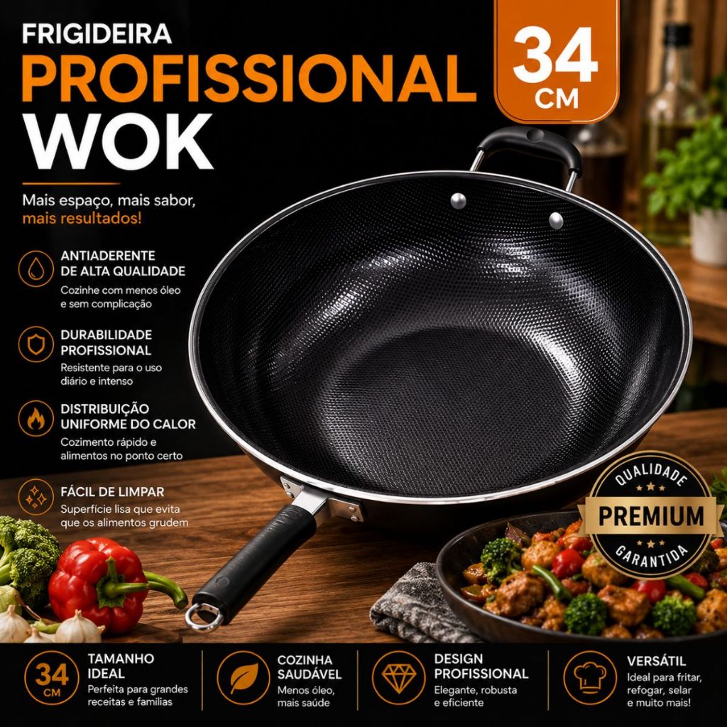 Imagem Frigideira Antiaderente Wok 34cm Grande Profissional Para Yakisoba Refogar Legumes e Carnes