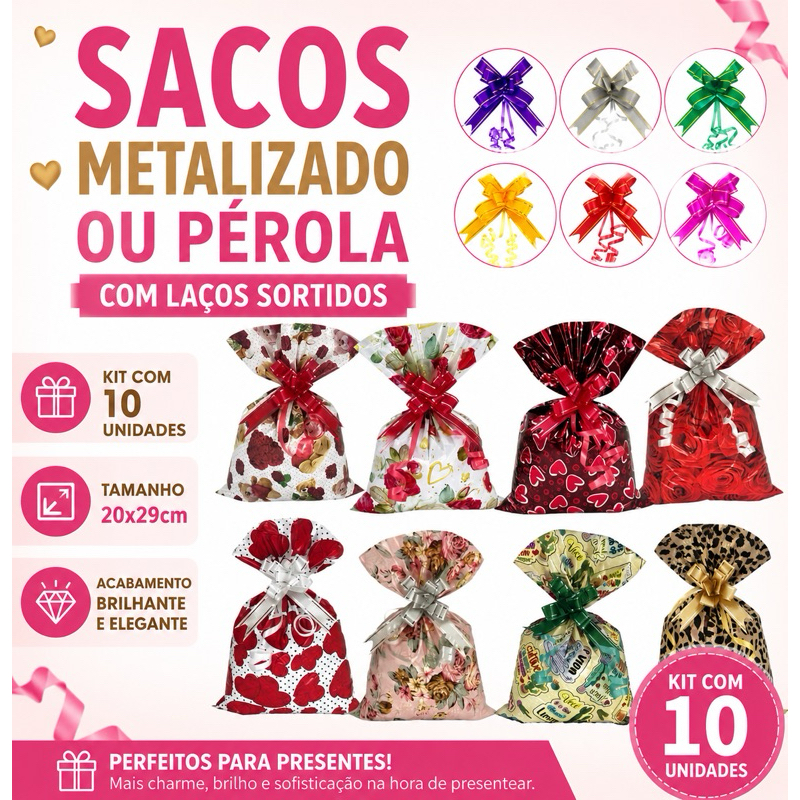 10 sacos de presentes com laço 20x29cm estampas sortidas