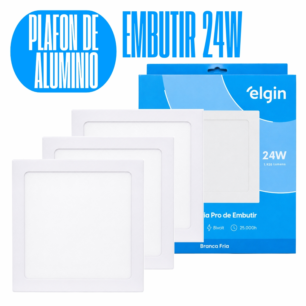 Kit 3 Luminária Painel Plafon Pro Slim ALUMINIO Embutir Quadrado Led 24w 29x29 6500k Bivolt - ELGIN