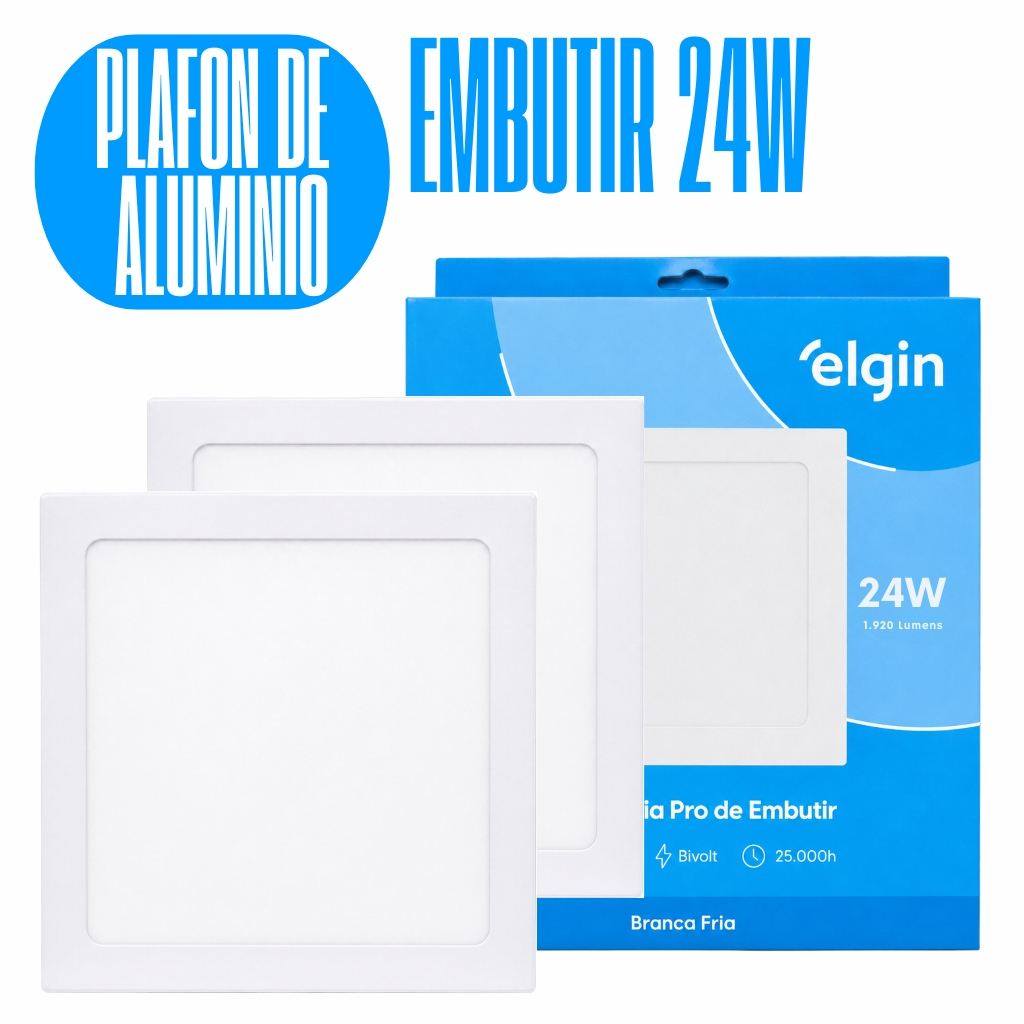 Kit 2 Luminária Painel Plafon Pro Slim ALUMINIO Embutir Quadrado Led 24w 29x29 6500k Bivolt - ELGIN