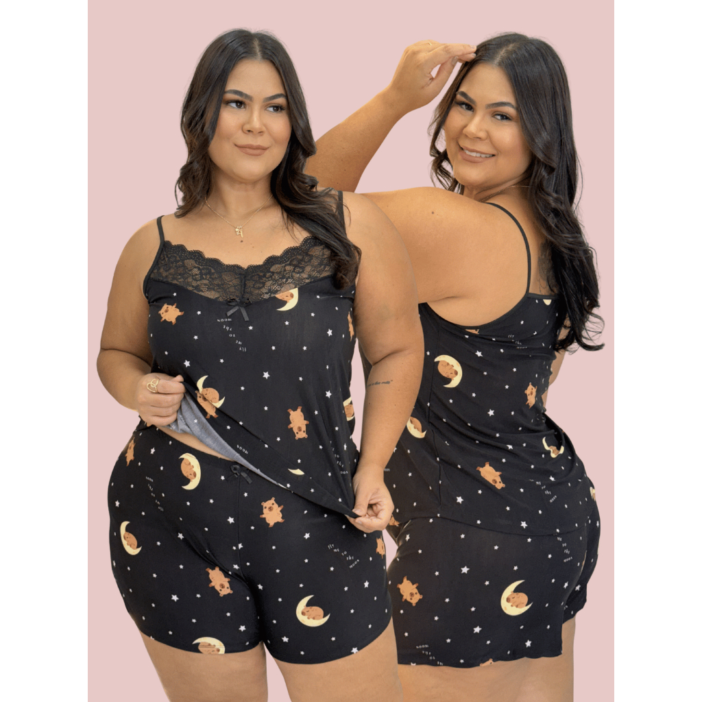 Conjunto Pijama Feminino Plus Size Verão Liganete Estampada Confortável Baby Doll Dormir Linha Noite