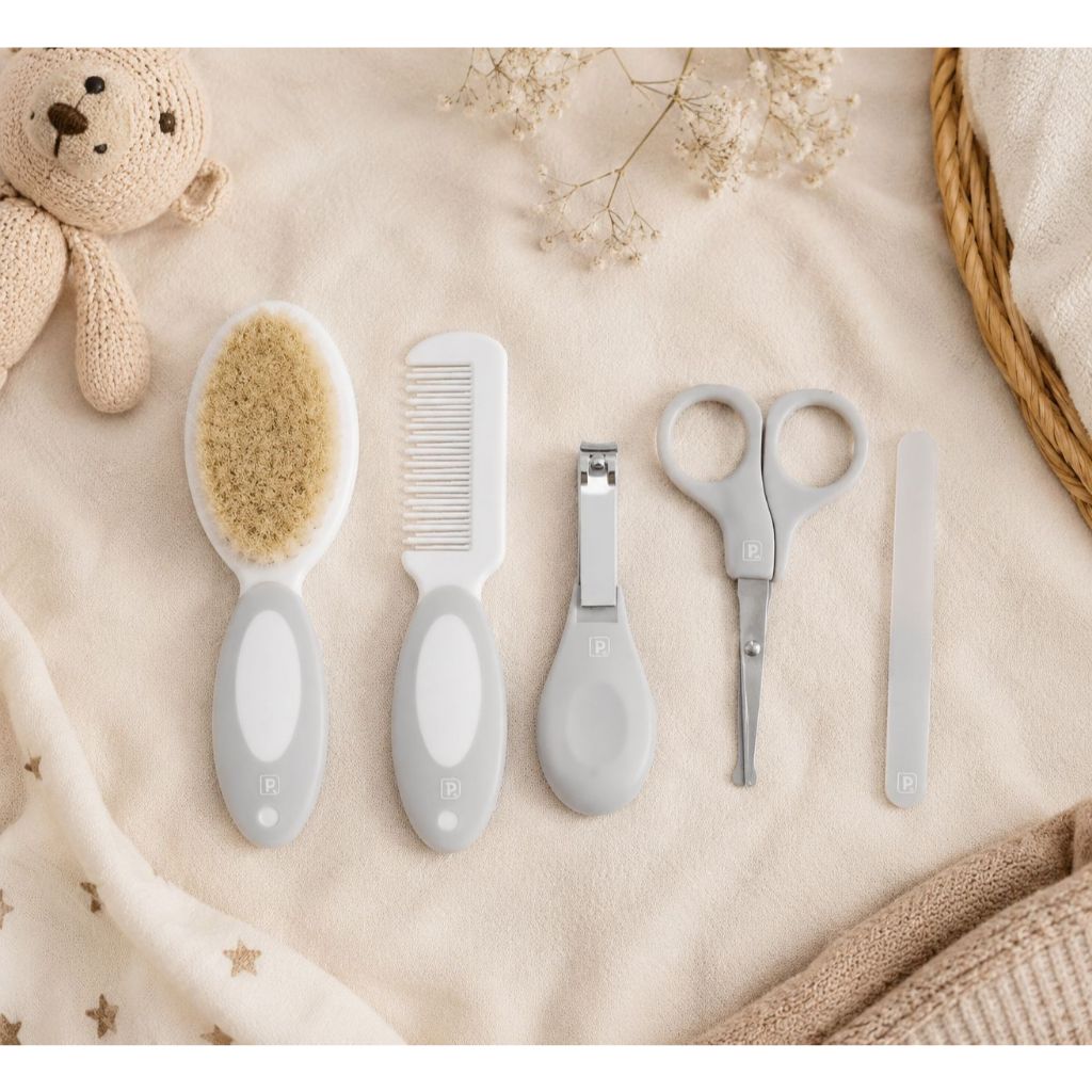 Kit Higiene Bebê 5 Peças Cuidados Buba ou Pimpolho com Cerdas Macias Pente, Escova, Tesoura, Cortador e Lixa