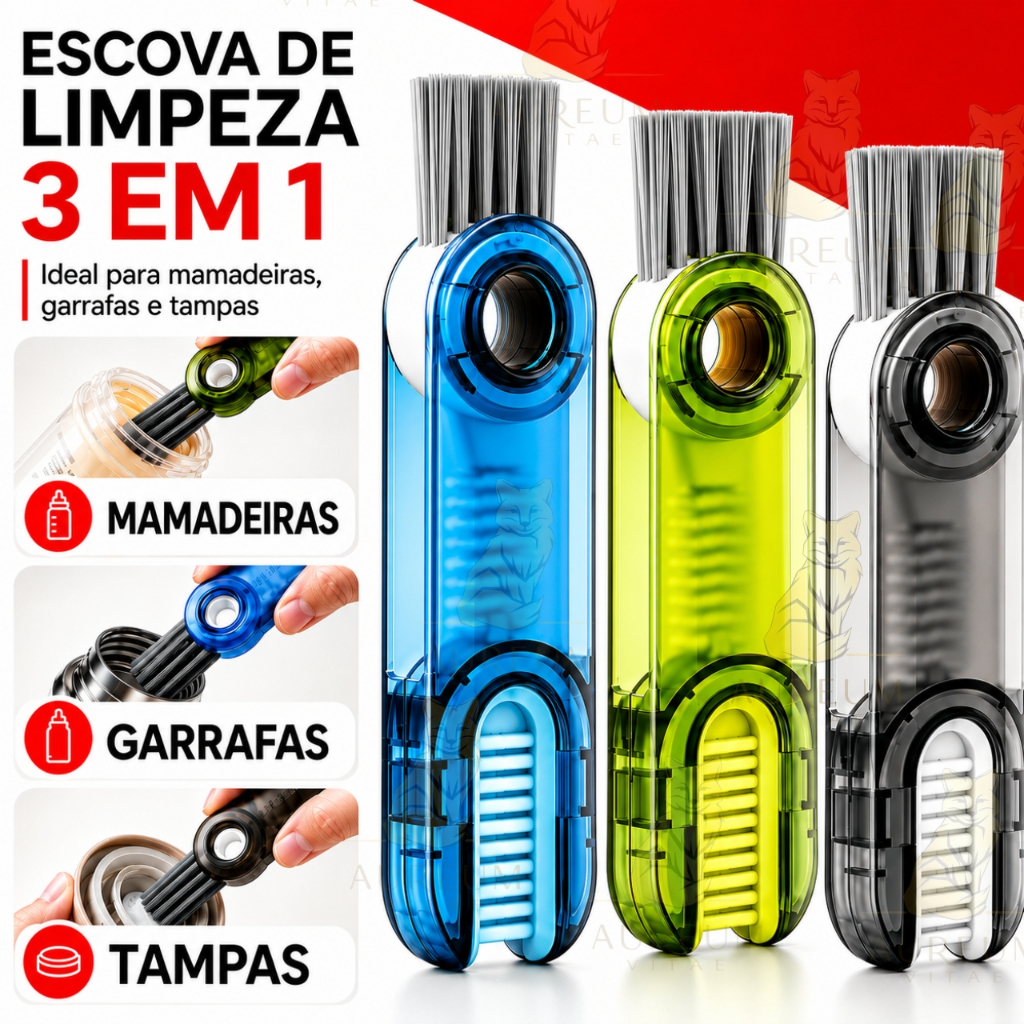 Escova de Limpeza 3 em 1 Para Mamadeira Garrafa Copo Tampa Escova Multiuso Higienização Profunda