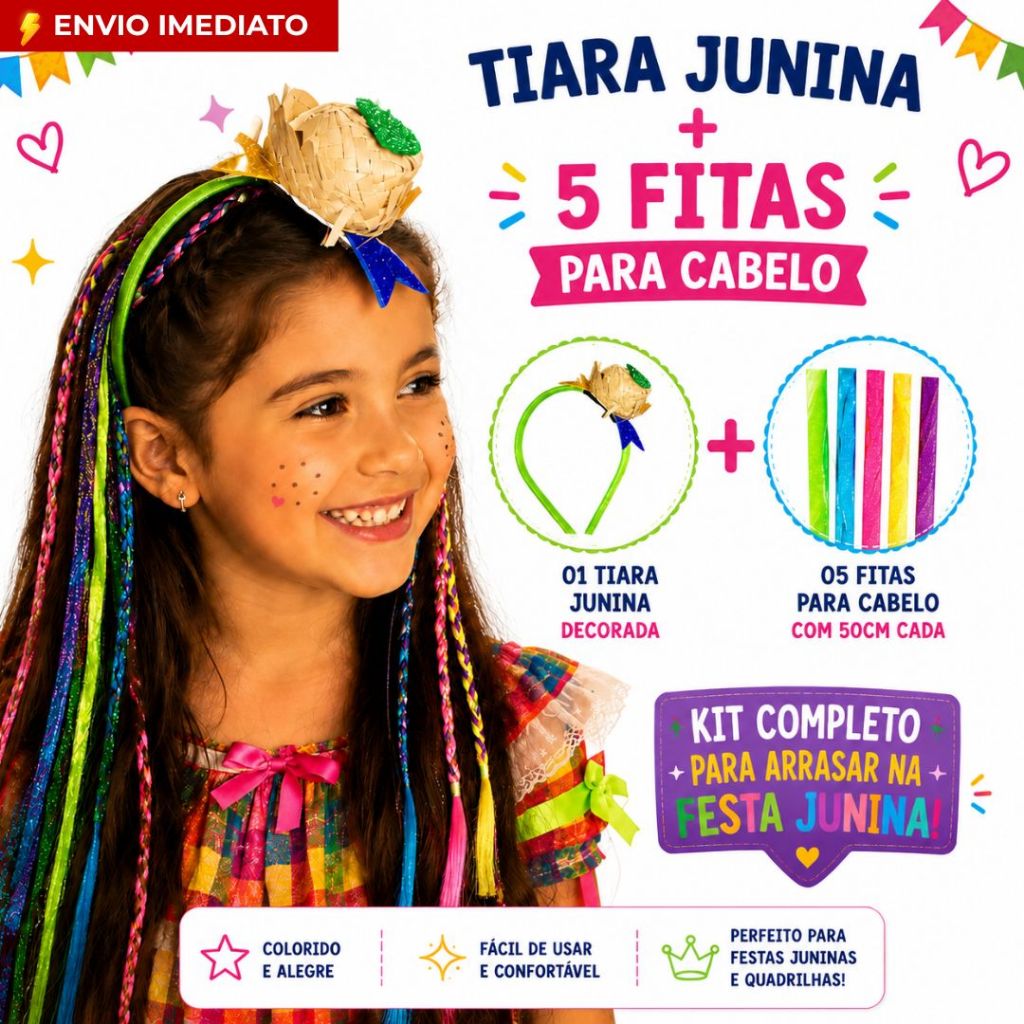 Kit Tiara Arquinho Junino Com Mini Chapéu + 5 Fitas De Cabelo 50cm Trança Penteado Festa Quadrilha