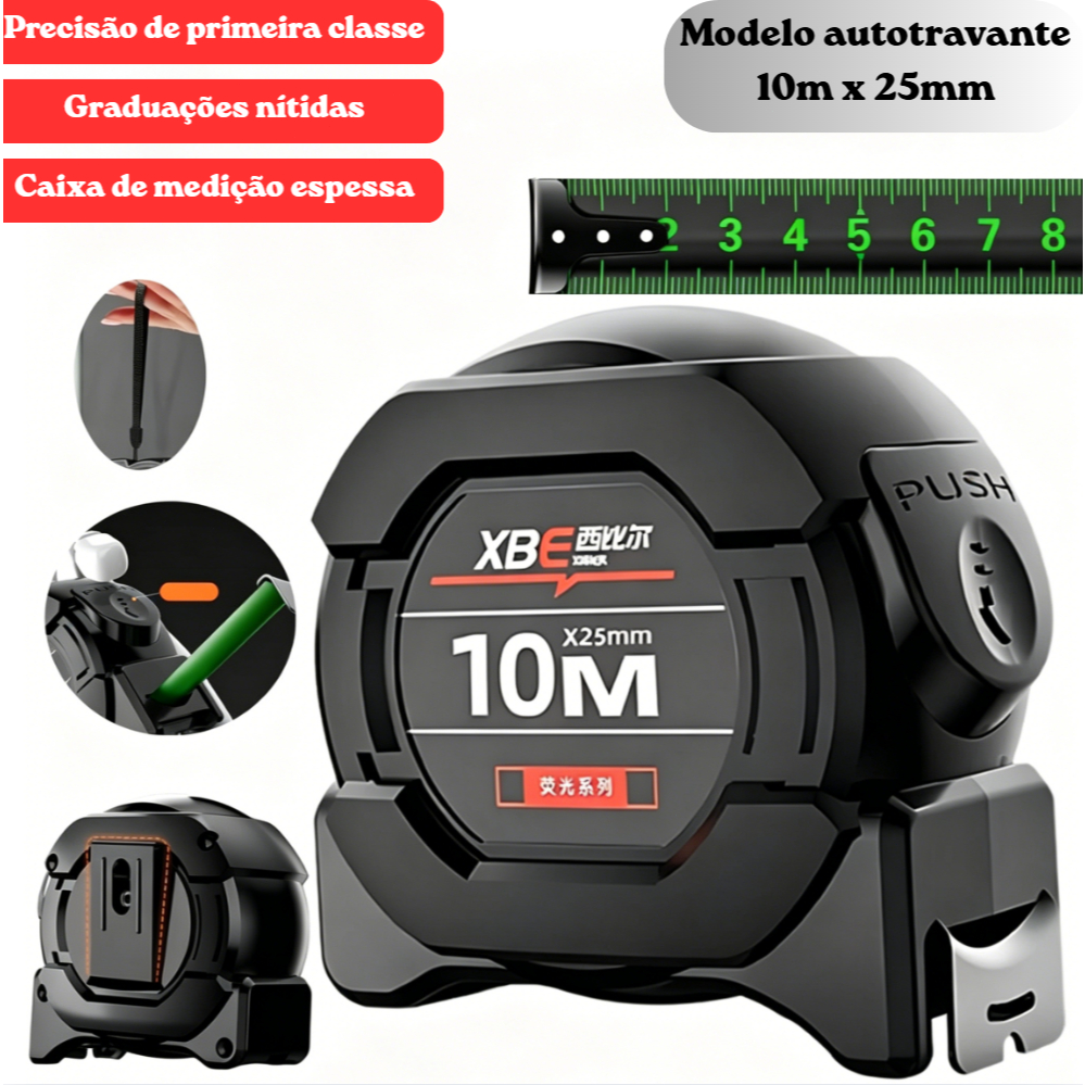 Trena 10m Profissional de Aço Carbono com Trava e Fita Fluorescente