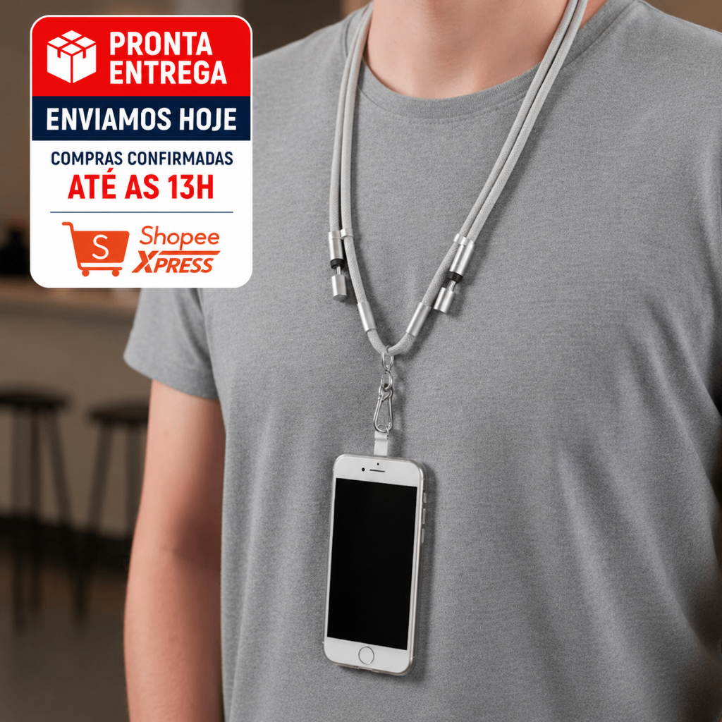 Cordão De Pescoço Ajustável para celular com suporte transparente Cabo USB-C 1,2 metros Carregamento Rápido 60w