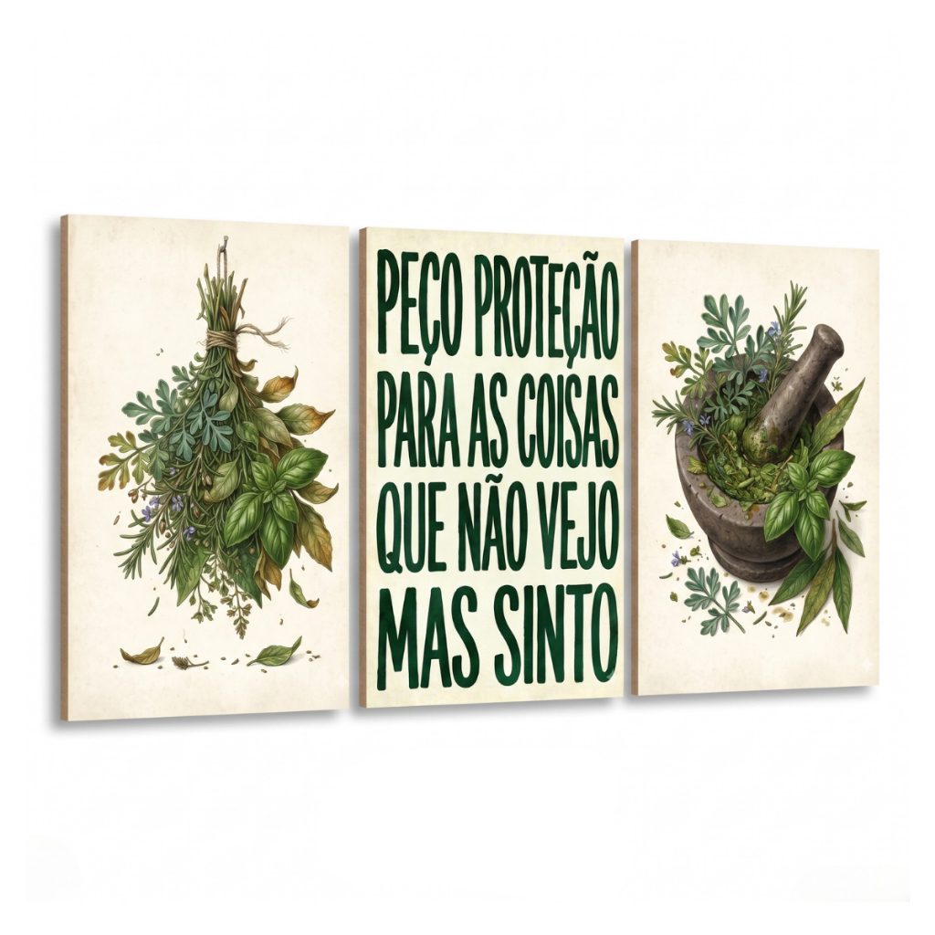 Imagem Kit 3 Quadros Decorativos Proteção e Ervas Botânico Espiritual Decoração Sala Quarto Sem Furo
